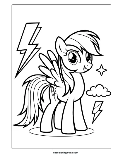 Rainbow Dash Coloring Page With Lightning Bolts And A Cloud-Filled Sky.