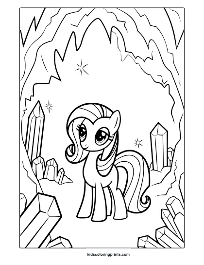 My Little Pony Crystal Cave Coloring Page With A Unicorn And Glowing Crystals.