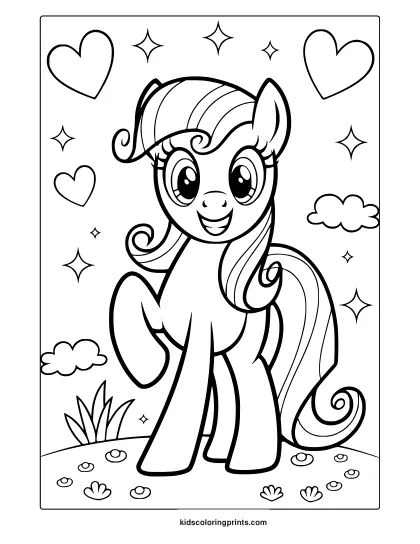 My Little Pony Friendship Day Coloring Page With Hearts, Clouds, And Flowers.