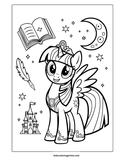 Princess Twilight Sparkle Coloring Page With A Book, Moon, And Stars.