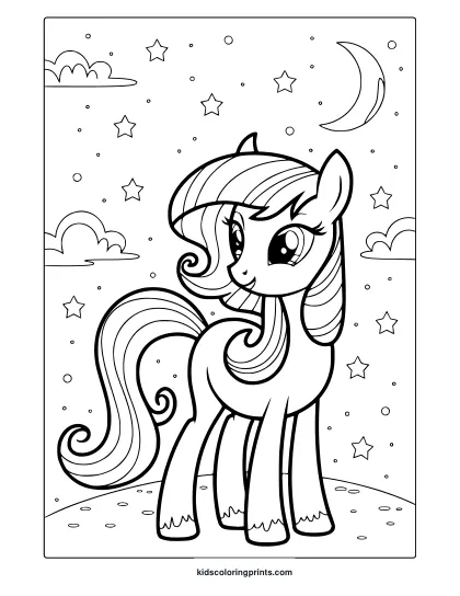 My Little Pony Starry Night Coloring Page With A Unicorn, Moon, And Stars.