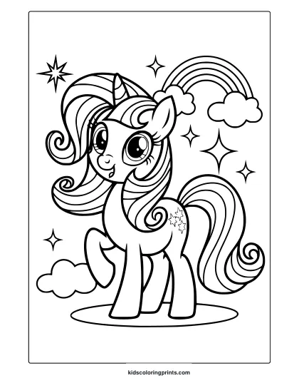 My Little Pony Unicorn Coloring Page With A Rainbow And Starry Backdrop.