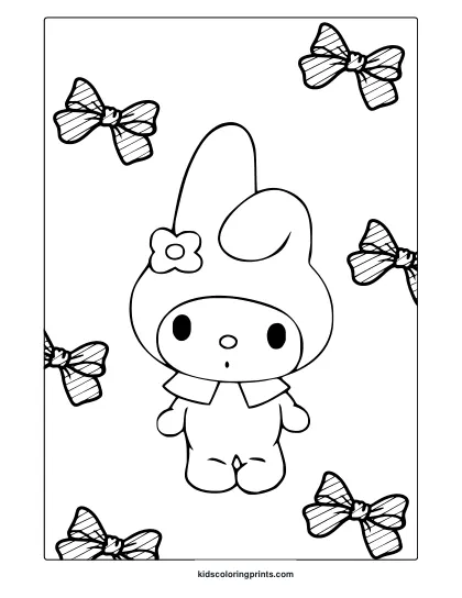 My Melody Coloring Page With Scattered Bows And Cute Rounded Features In Kawaii Style.