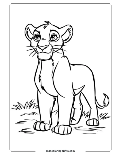 A Young Lioness, Nala, Standing On Grass With A Determined Look, Featured In This Lion Coloring Page For Kids.