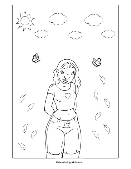 Nani Pelekai Coloring Page With Sunny Sky, Butterflies, Small Leaves, And A Cheerful Summer-Themed Design.