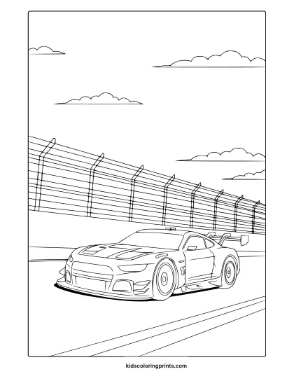 A Sporty Nascar Car With A Rear Wing On A Racetrack, Great For A High-Speed Nascar Coloring Page.