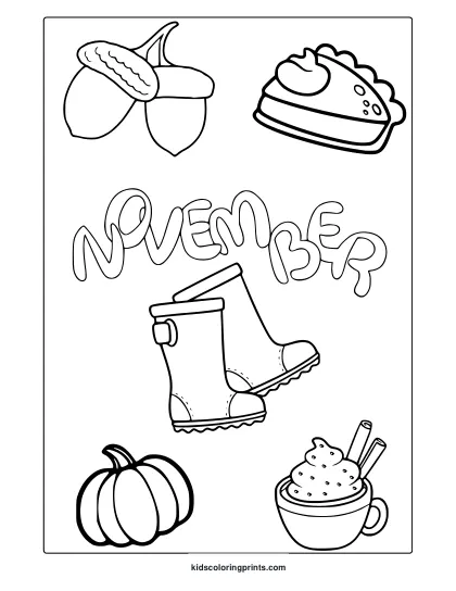 November Boots Coloring Page With Rubber Boots, Acorn, Pie, Pumpkin, And A Warm Coffee Cup.