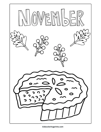 November Pie Coloring Page With A Scalloped Pie, Leaves, And Berry Sprigs.