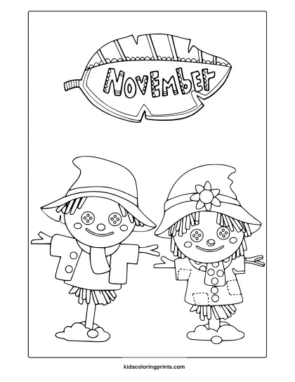November Scarecrows Coloring Page With Two Friendly Scarecrows And A Leaf-Shaped “November” Banner.