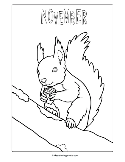 November Squirrel Coloring Page With A Friendly Squirrel On A Diagonal Branch Holding A Pinecone.