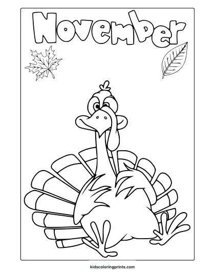 November Thanksgiving Turkey Coloring Page With A Cheerful Turkey And Two Maple Leaves.