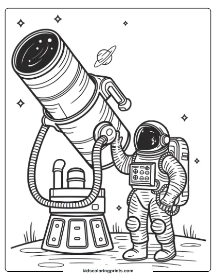 Coloring Page Of An Astronaut Using A Telescope To Observe Stars And Planets In The Universe.