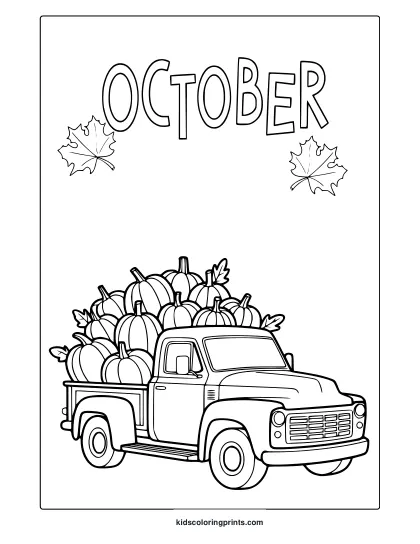 October Farmer Truck Coloring Page With Classic Pickup Truck And Pumpkins.