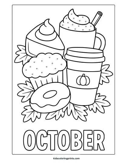 October Foods And Drinks Coloring Page With Desserts, Coffee Cups, And Autumn Leaves.