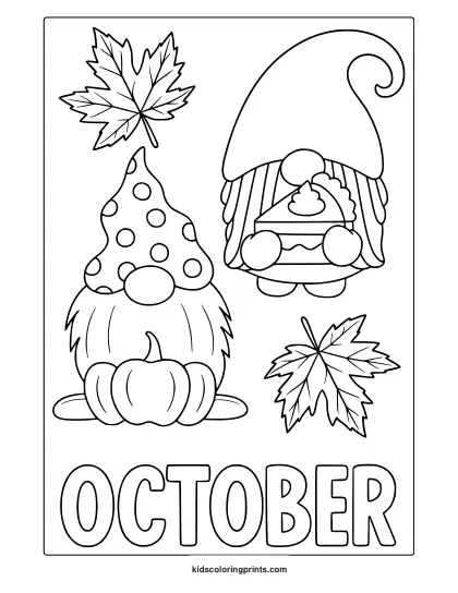 October Gnomes Coloring Page With Gnomes, Pumpkin, Pie Hat, And Maple Leaves.