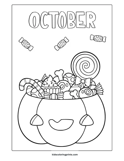 October Halloween Candies Coloring Page With Cauldron, Lollipop, And Sweets.