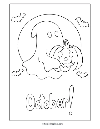 October Halloween Ghost Coloring Page With Ghost, Jack O Lantern, Bats, And Moon.