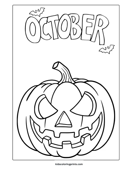 October Jack O Lantern Coloring Page With Carved Pumpkin Face And Bats.