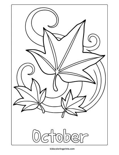 October Leaves Flying In The Wind Coloring Page With Swirling Maple Leaves.