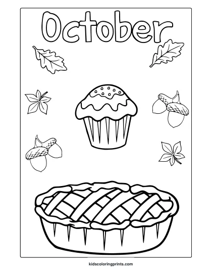 October Pie And Cupcake Coloring Page With Cupcake, Pie, Leaves, And Acorns.