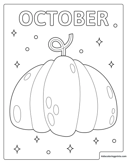 October Coloring Page Featuring A Large Pumpkin Surrounded By Sparkling Stars.