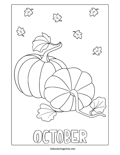 October Pumpkins Coloring Page With Two Large Pumpkins, Vines, And Maple Leaves.