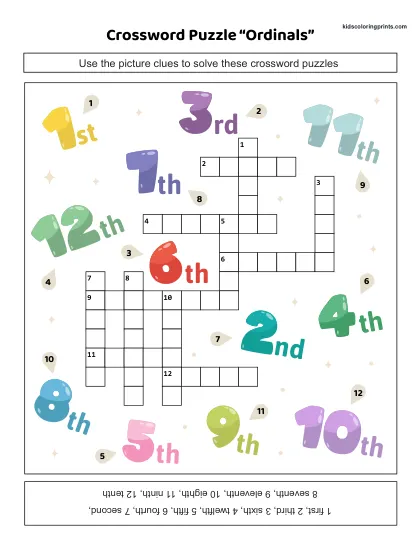 Free Printable Ordinal Numbers Crossword Puzzle For Students.
