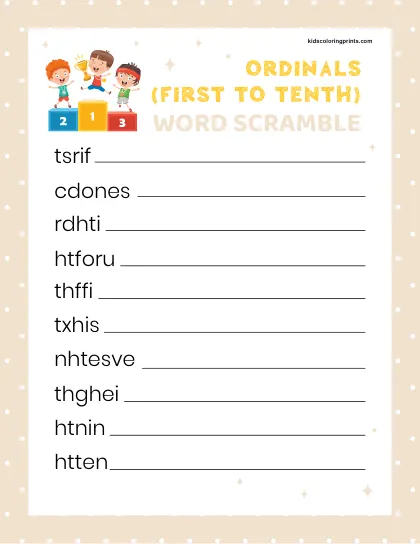 Free Printable Ordinals Word Scramble For Learning Order-Based Number Words.