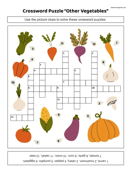 Free Printable Vegetables Crossword Puzzle With Mixed Veggie Clues.