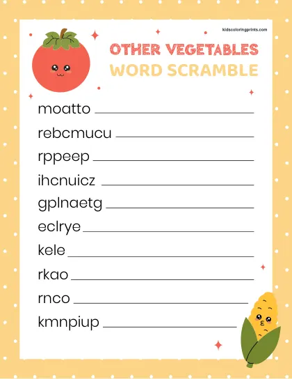 Free Printable Other Vegetables Word Scramble For Kids And Adults Who Enjoy Fun Learning.