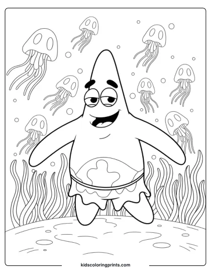 Patrick Star Swims Among Jellyfish In This Underwater-Themed Coloring Page For Kids.