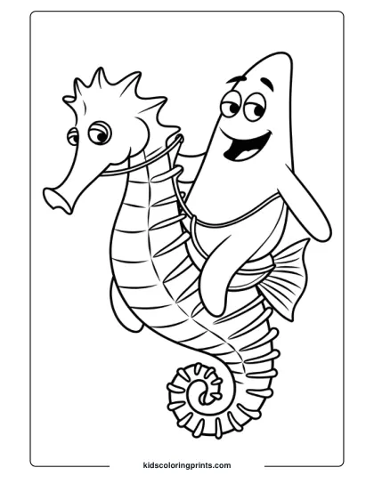 Patrick Star Rides A Seahorse Through The Ocean In This Underwater Adventure Coloring Page.