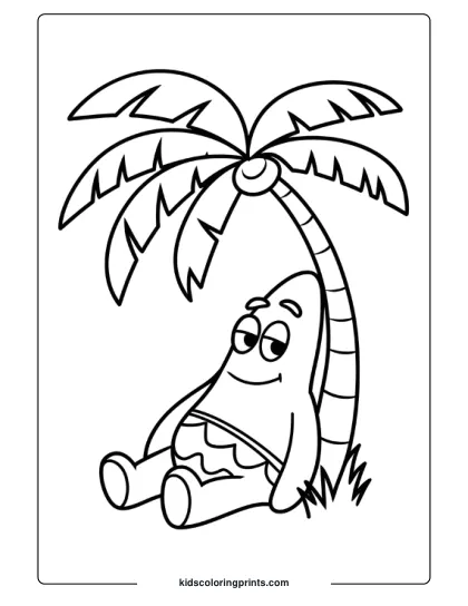Patrick Star Enjoys Relaxing Under A Palm Tree In This Beach-Themed Coloring Page.