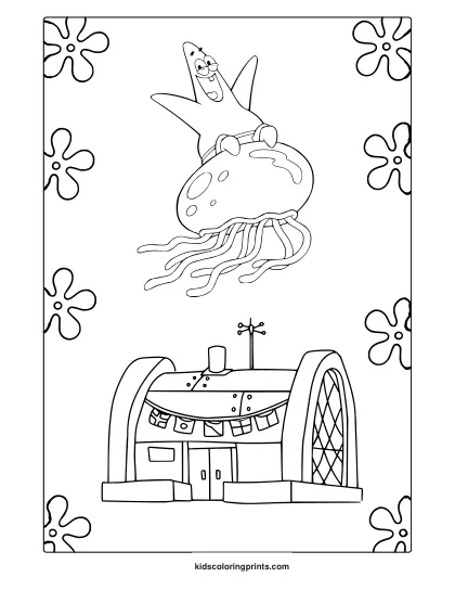 Patrick The Starfish And The Krusty Krab In A Spongebob Coloring Page With Jellyfish And Floral Elements.