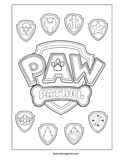 Paw Patrol Logo And Badges Coloring Page With Bone Border And Symbolic Shields For Kids To Color.