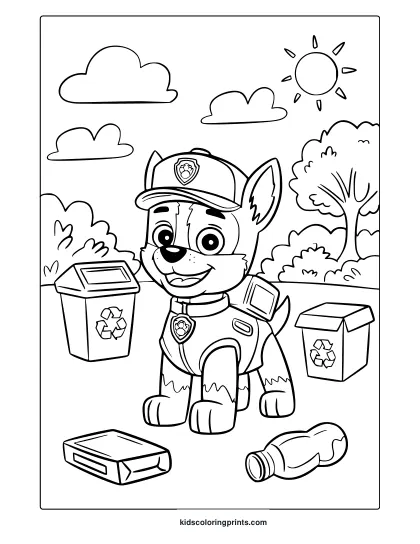 Rocky From Paw Patrol Coloring Page With Recycling Bins, Trees, Sunny Sky, And Clouds In Park Setting.
