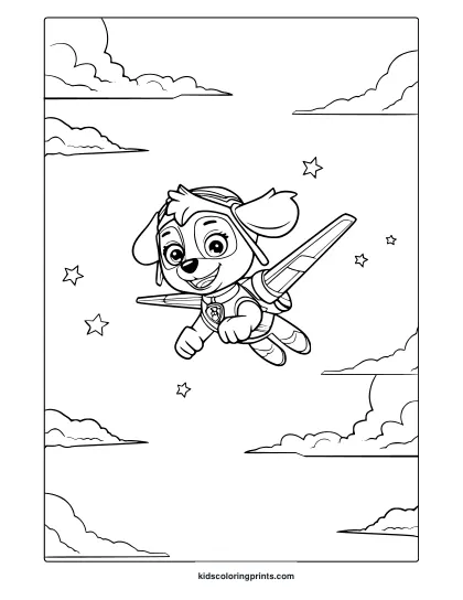 Skye From Paw Patrol Coloring Page Flying With Propeller, Surrounded By Clouds And Star Details.