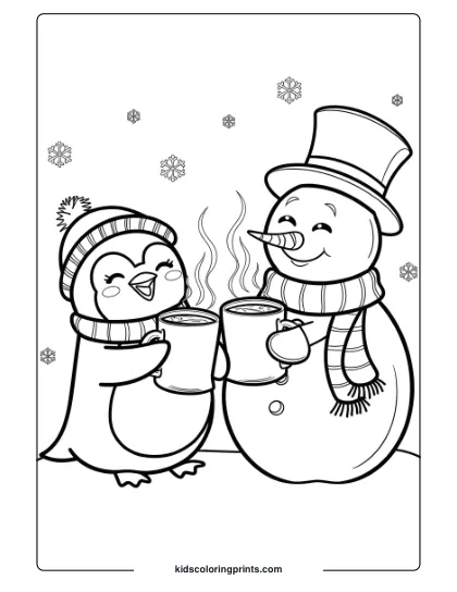 A Penguin And Snowman Drinking Cocoa, A Cozy Winter Friendship Coloring Page.