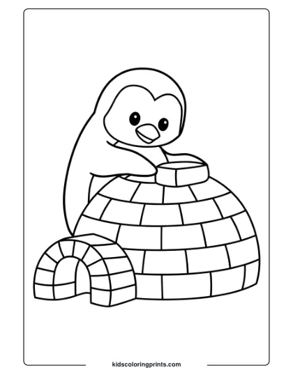 A Penguin With An Igloo In The Snow, A Creative Winter-Themed Coloring Page.