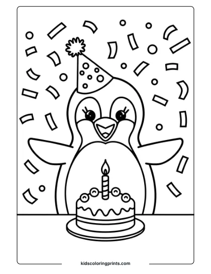 A Penguin With A Party Hat And Birthday Cake, Surrounded By Confetti, A Joyful Birthday-Themed Coloring Page.