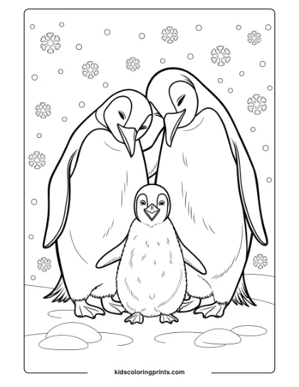 A Family Of Penguins In The Snow, A Cozy Winter Family-Themed Coloring Page.