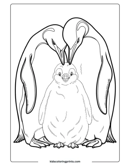 A Penguin Family With Two Adults And A Chick Huddling, A Cozy Family-Themed Penguin Coloring Page.