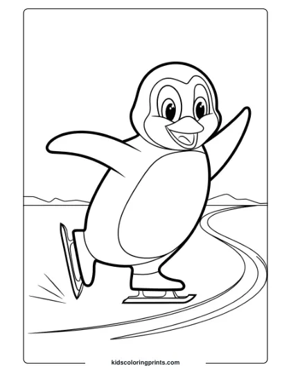 A Penguin Skating On Ice, Perfect For A Fun Winter-Themed Coloring Page.