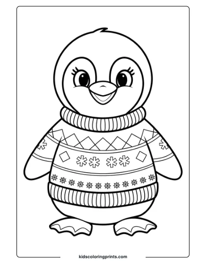 A Penguin In A Winter Sweater With Snowflake Patterns, A Cozy Winter-Themed Coloring Page.