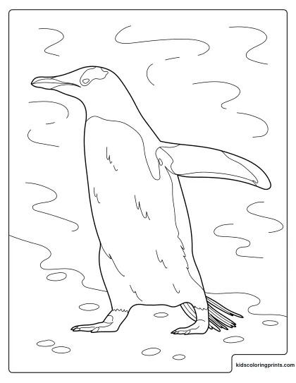 Penguin Coloring Page Featuring A Tall Penguin Standing On Icy Ground With Soft Wind Lines.