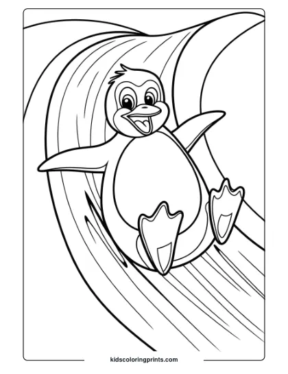 A Penguin Sliding On Ice, A Fun And Dynamic Winter-Themed Coloring Page.