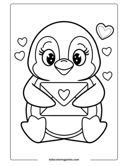 A Penguin With A Love Letter, A Sweet Valentine’s Day-Themed Coloring Page.