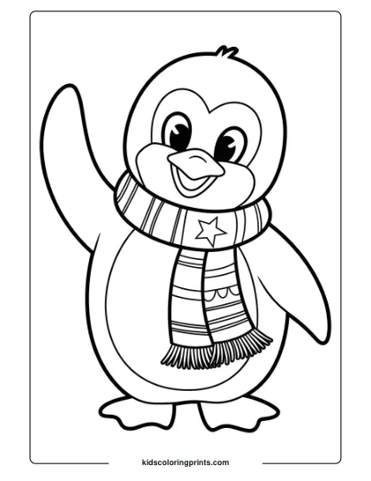 A Penguin In A Holiday Scarf Waving, A Cheerful Winter Coloring Page.