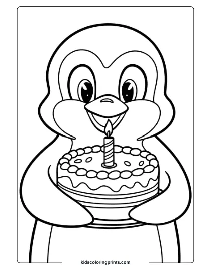 A Penguin With A Birthday Cake, Perfect For A Birthday-Themed Coloring Page.