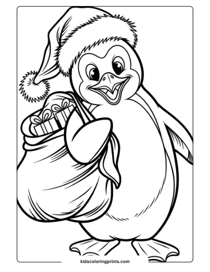 A Penguin With A Santa Hat And Gift Bag, Bringing Holiday Cheer In This Festive Penguin Coloring Page.